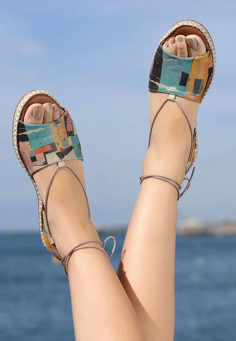Femme Cuir Vegan Multicolore Sandales à Lacets - Block Houses Motif