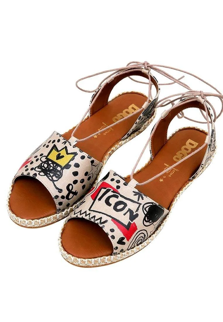 Femme Cuir Vegan Beige Sandales à Lacets - Icon Motif
