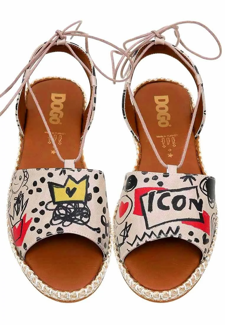 Femme Cuir Vegan Beige Sandales à Lacets - Icon Motif