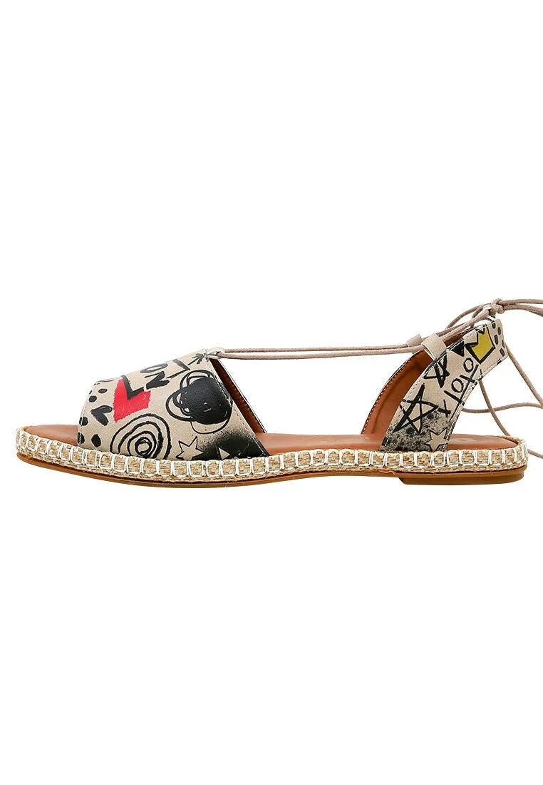 Femme Cuir Vegan Beige Sandales à Lacets - Icon Motif
