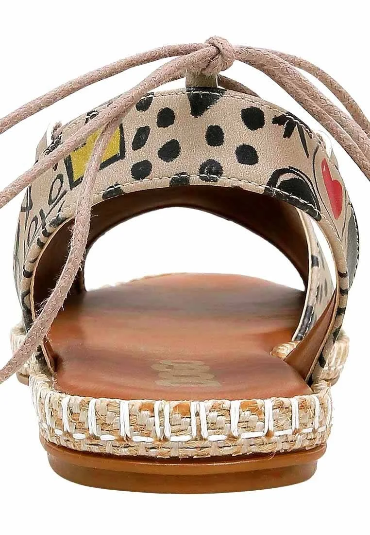 Femme Cuir Vegan Beige Sandales à Lacets - Icon Motif