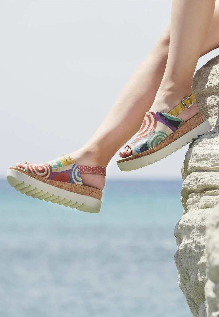 Femme Cuir Vegan Multicolore Sandales compensées - Sun Days Motif