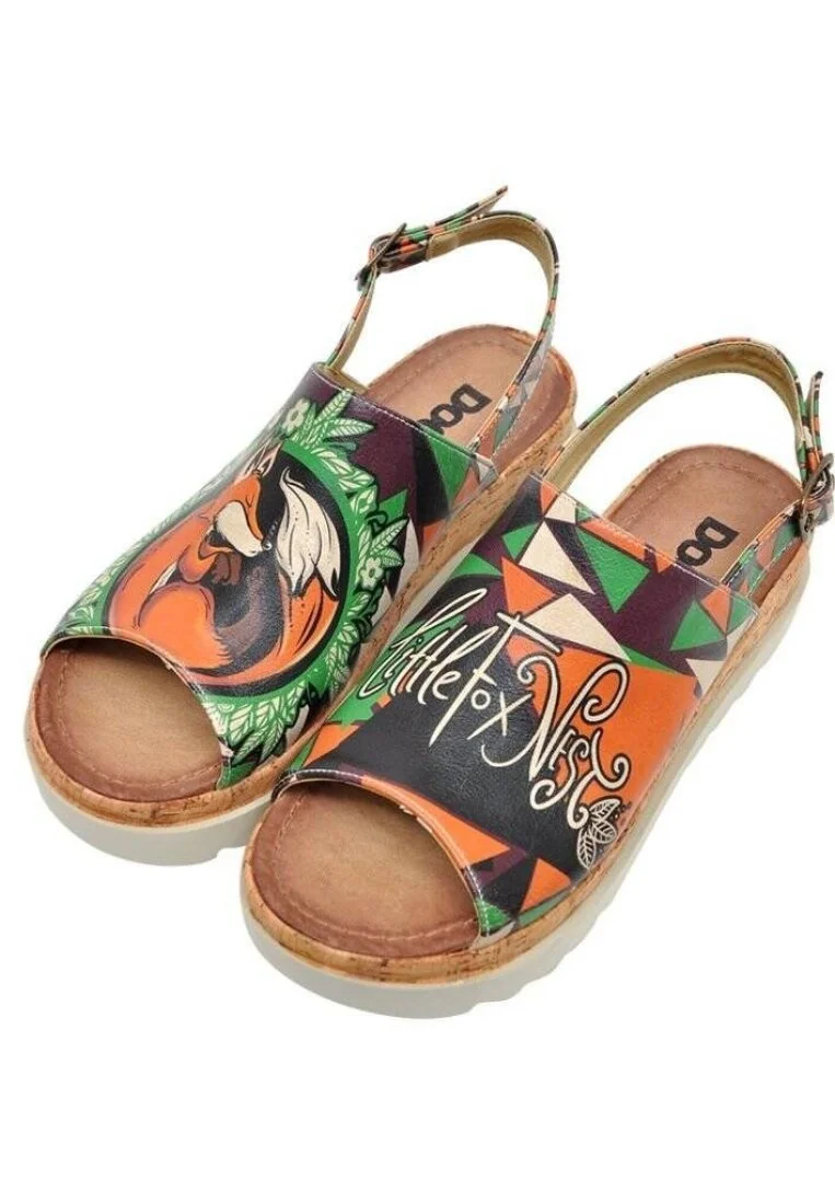 Femme Cuir Vegan Multicolore Sandales compensées - Little Fox Nest Motif