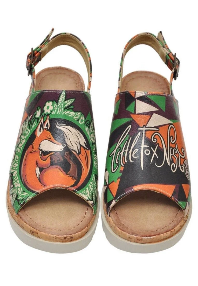 Femme Cuir Vegan Multicolore Sandales compensées - Little Fox Nest Motif