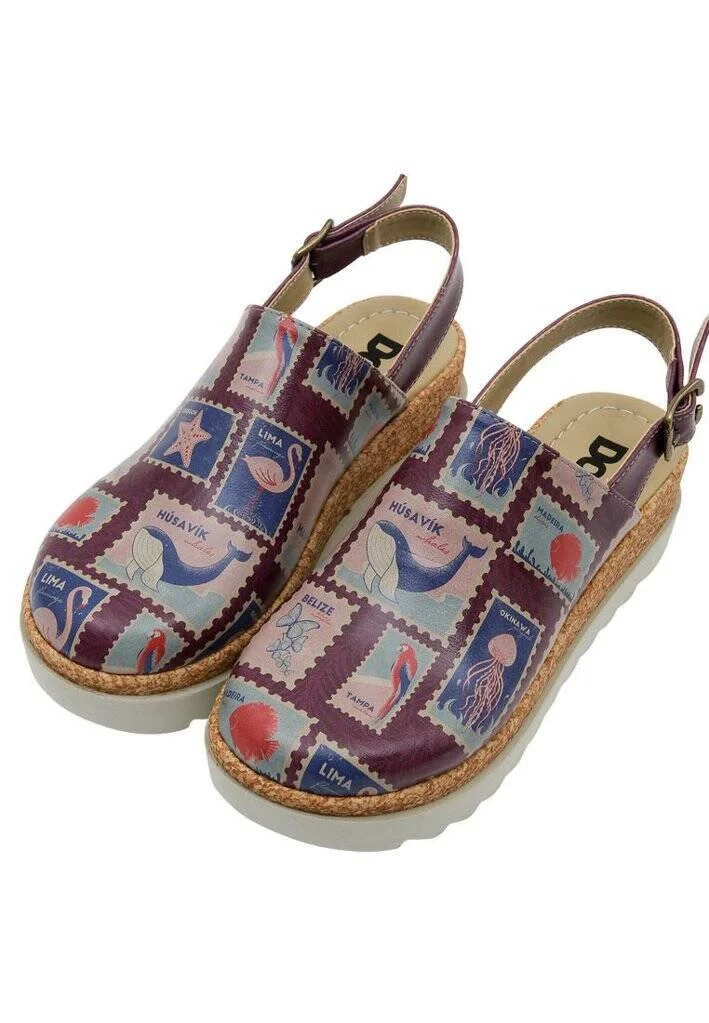 Femme Cuir Vegan Violet Sandales Compensées - Spaces and Places Motif