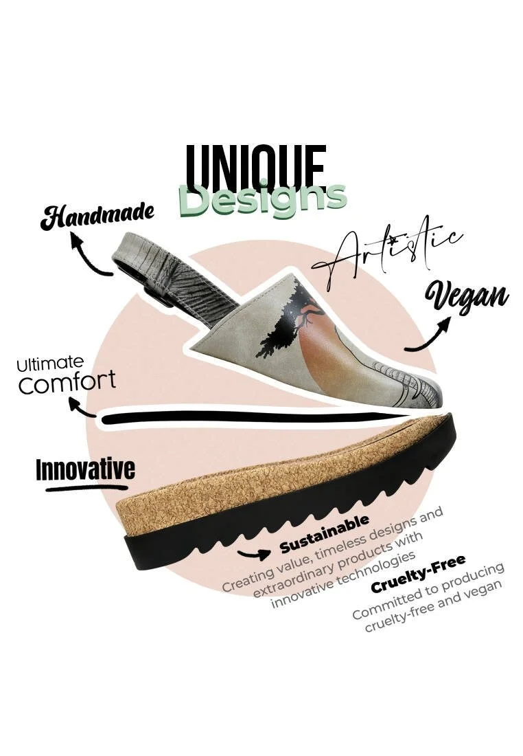 Femme Cuir Vegan Noir Sandales Compensées - Sunset Animals Motif