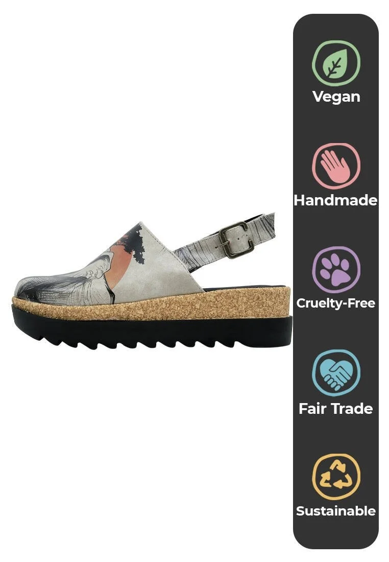 Femme Cuir Vegan Noir Sandales Compensées - Sunset Animals Motif