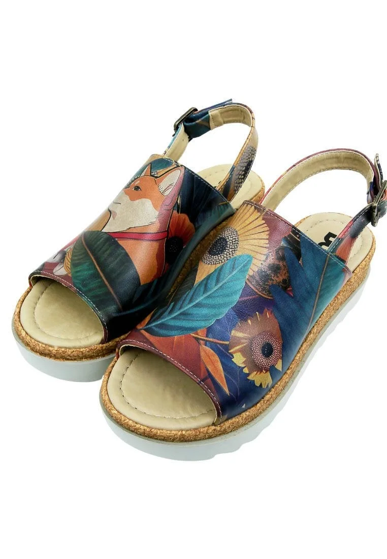 Femme Cuir Vegan Orange Sandales Compensées - Blooming Dog Motif
