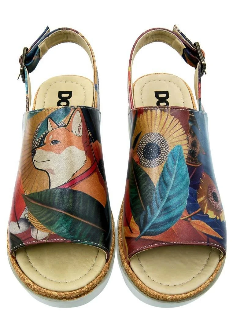 Femme Cuir Vegan Orange Sandales Compensées - Blooming Dog Motif