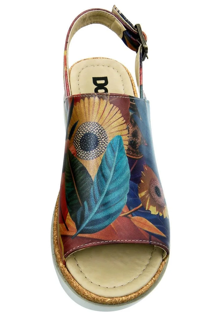 Femme Cuir Vegan Orange Sandales Compensées - Blooming Dog Motif