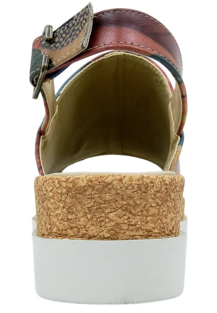 Femme Cuir Vegan Orange Sandales Compensées - Blooming Dog Motif