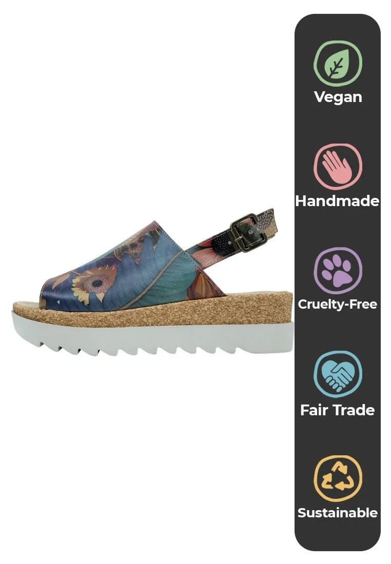 Femme Cuir Vegan Orange Sandales Compensées - Blooming Dog Motif