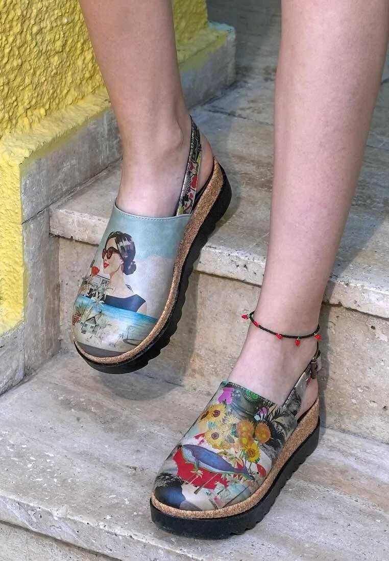 Femme Cuir Vegan Multicolore Sandales Compensées - Lucid Dreaming Motif