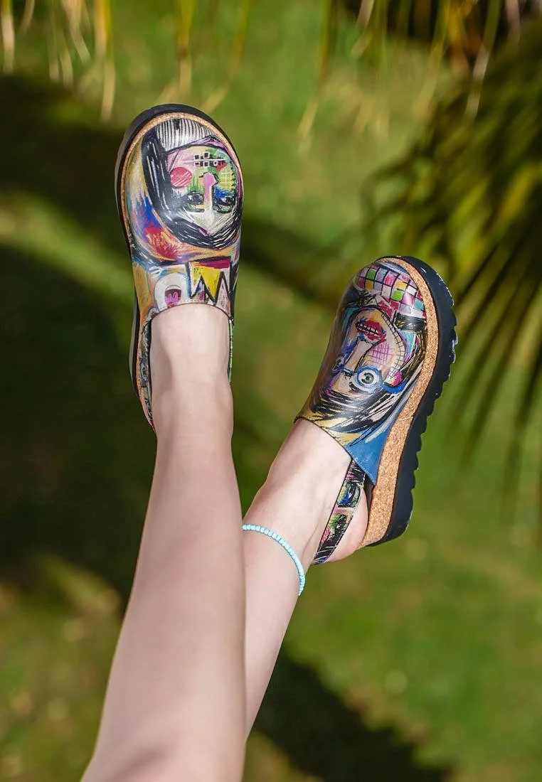 Femme Cuir Vegan Multicolore Sandales Compensées - Live and Save Motif