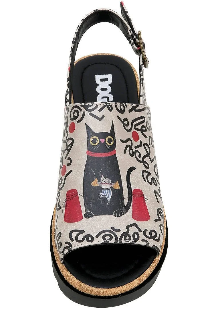 Femme Cuir Vegan Beige Sandales Compensées - Cat and Mouse Motif