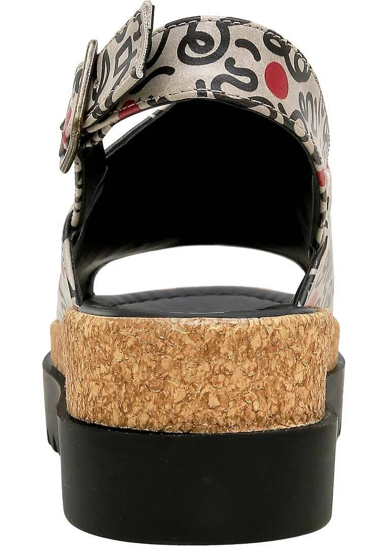 Femme Cuir Vegan Beige Sandales Compensées - Cat and Mouse Motif