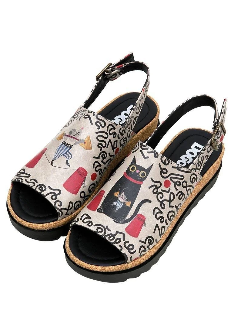 Femme Cuir Vegan Beige Sandales Compensées - Cat and Mouse Motif