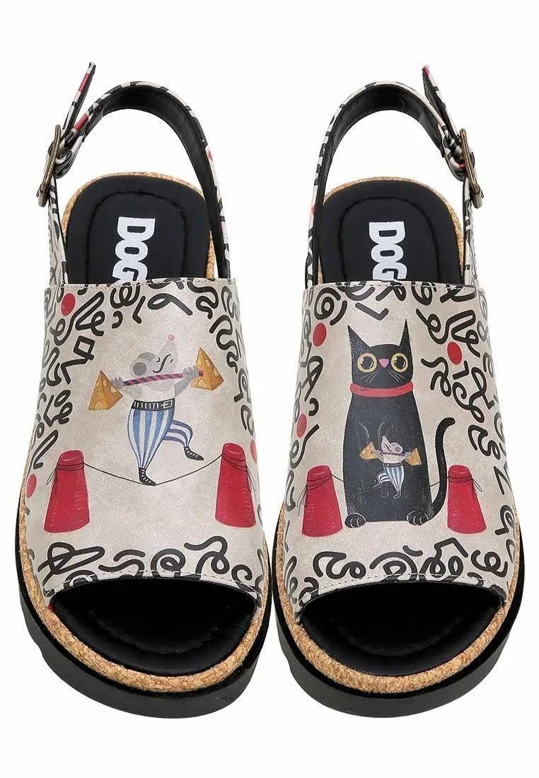 Femme Cuir Vegan Beige Sandales Compensées - Cat and Mouse Motif