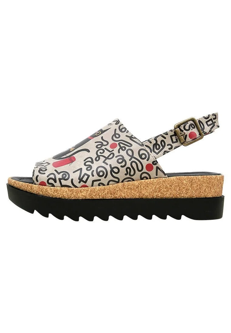 Femme Cuir Vegan Beige Sandales Compensées - Cat and Mouse Motif