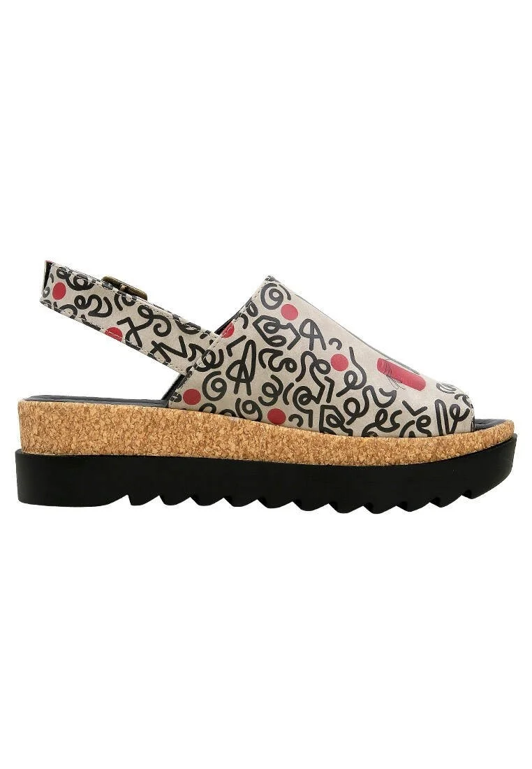 Femme Cuir Vegan Beige Sandales Compensées - Cat and Mouse Motif