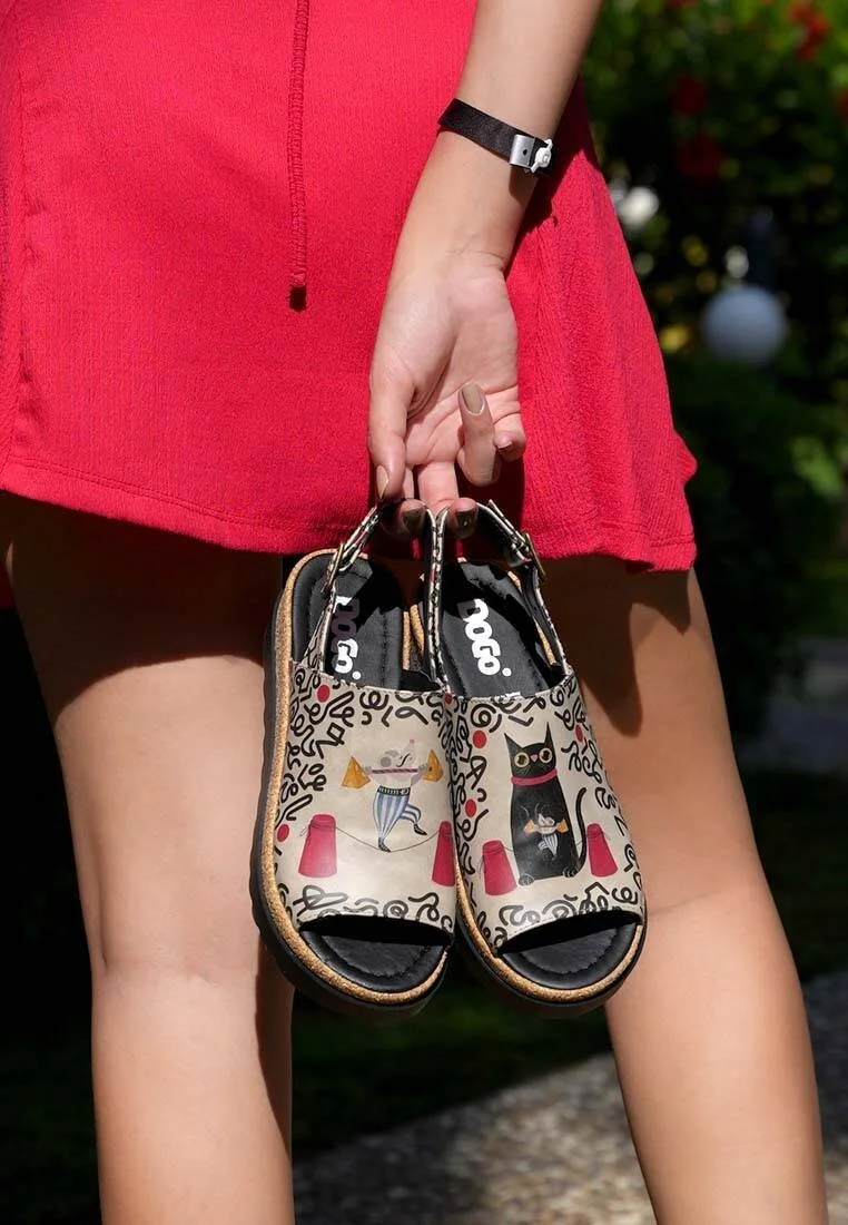 Femme Cuir Vegan Beige Sandales Compensées - Cat and Mouse Motif