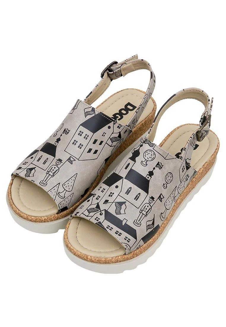Femme Cuir Vegan Beige Sandales Compensées - Toy Houses Motif