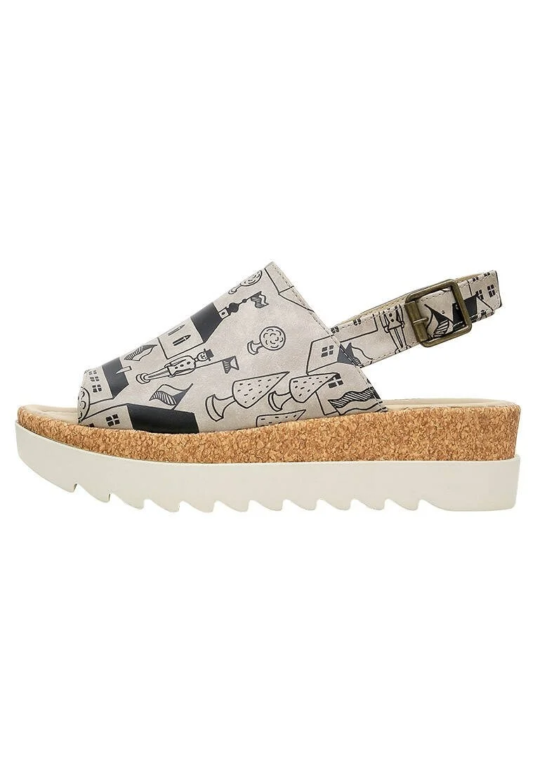 Femme Cuir Vegan Beige Sandales Compensées - Toy Houses Motif