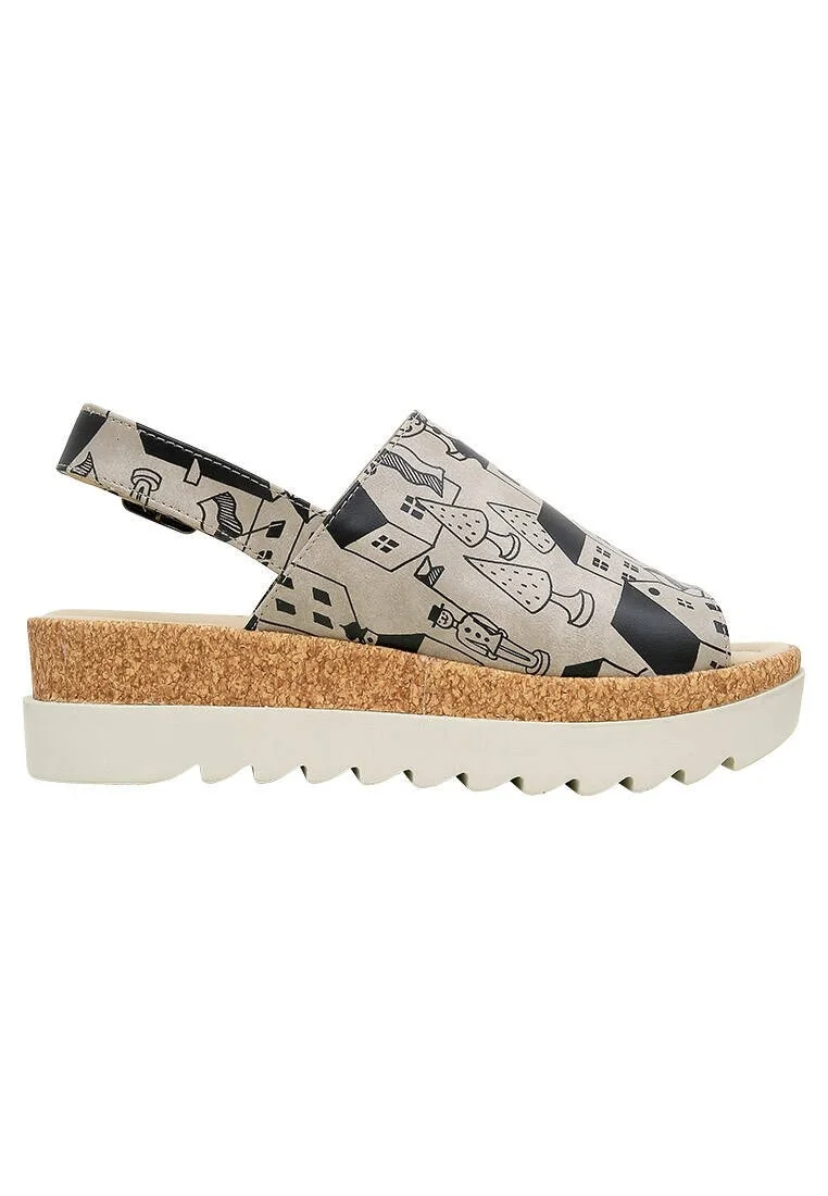 Femme Cuir Vegan Beige Sandales Compensées - Toy Houses Motif