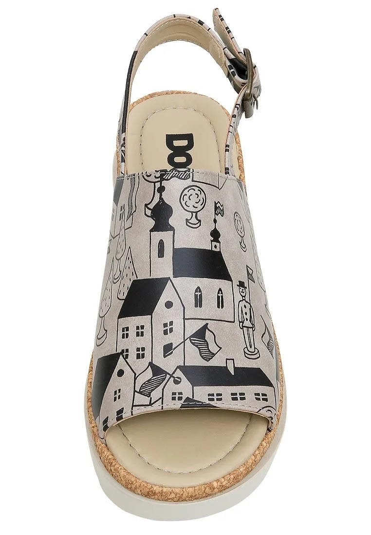 Femme Cuir Vegan Beige Sandales Compensées - Toy Houses Motif