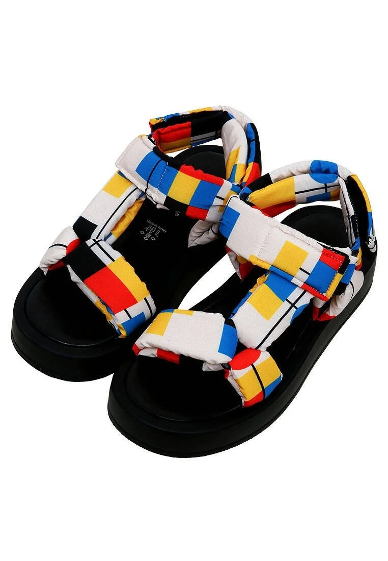 Femme Cuir Vegan Multicolore Sandales Compensées - Bauhaus Birdie Motif