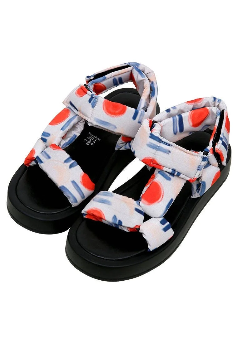 Femme Cuir Vegan Blanc Sandales Compensées - Red Fish Bleu Fish Motif