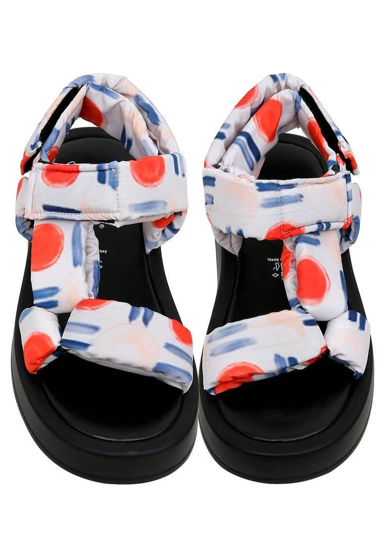 Femme Cuir Vegan Blanc Sandales Compensées - Red Fish Bleu Fish Motif