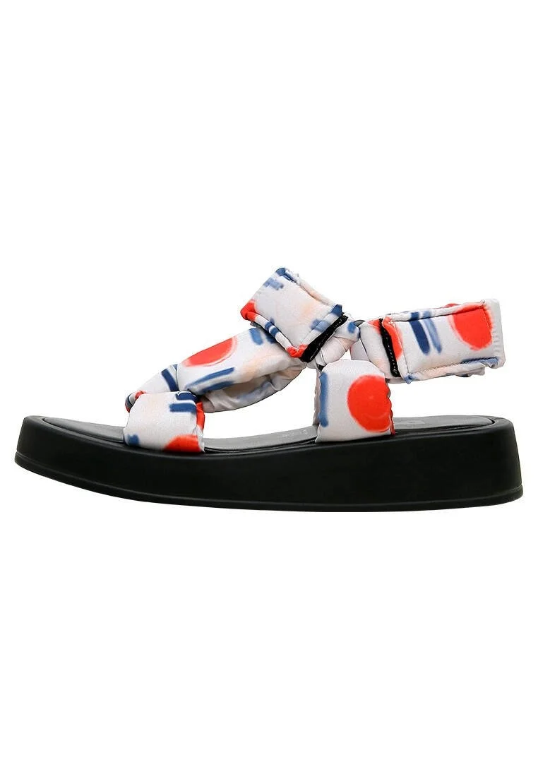 Femme Cuir Vegan Blanc Sandales Compensées - Red Fish Bleu Fish Motif
