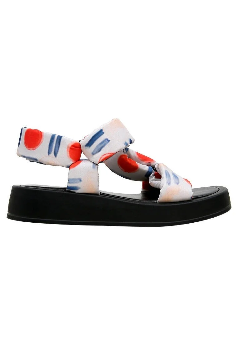 Femme Cuir Vegan Blanc Sandales Compensées - Red Fish Bleu Fish Motif