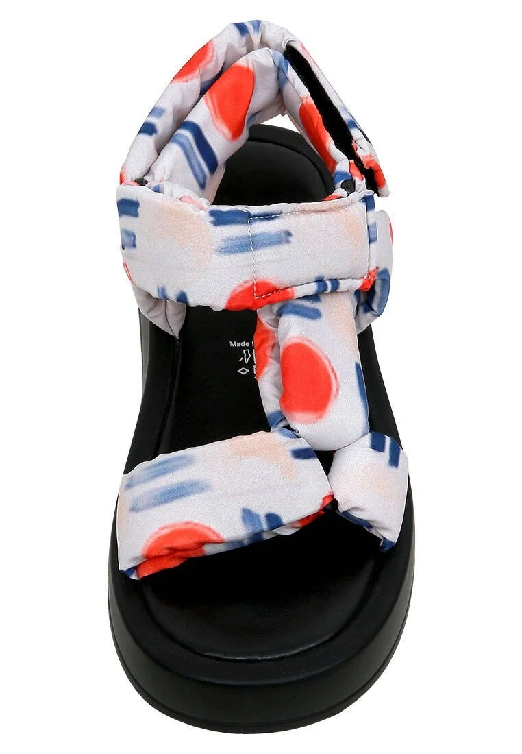 Femme Cuir Vegan Blanc Sandales Compensées - Red Fish Bleu Fish Motif
