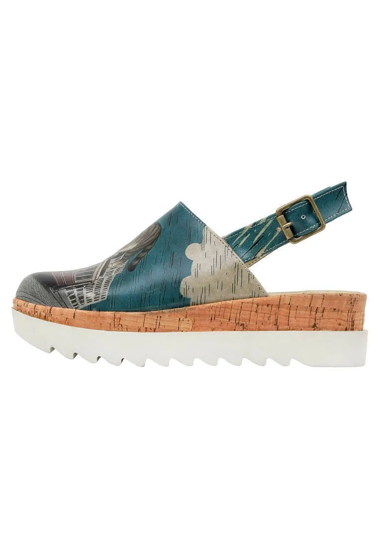 Femme Cuir Vegan Turquoise Sandales Compensées - Tram Nap Motif