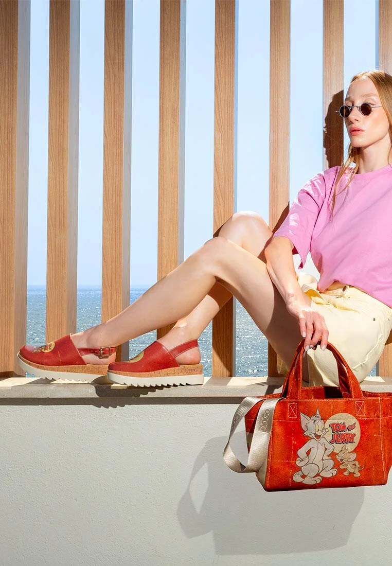 Femme Cuir Vegan Orange Sandales Compensées - Warner Bros Tom et Jerry Motif