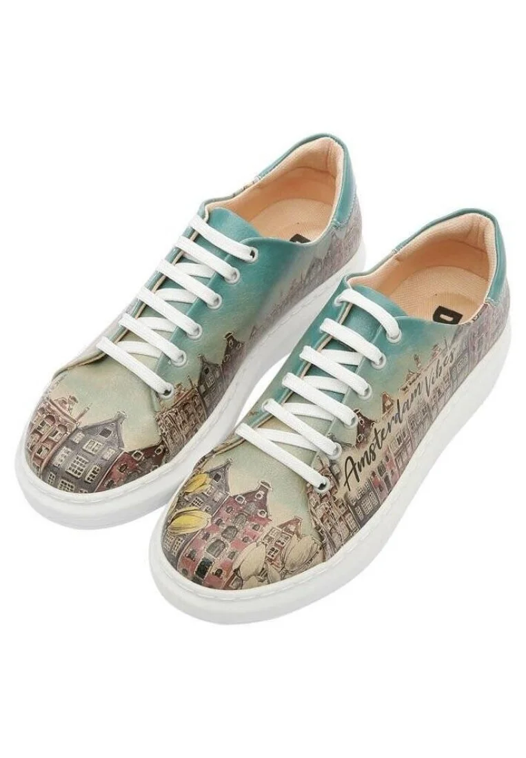 Femme Cuir Vegan Turquoise Baskets - Amsterdam Vibes Motif