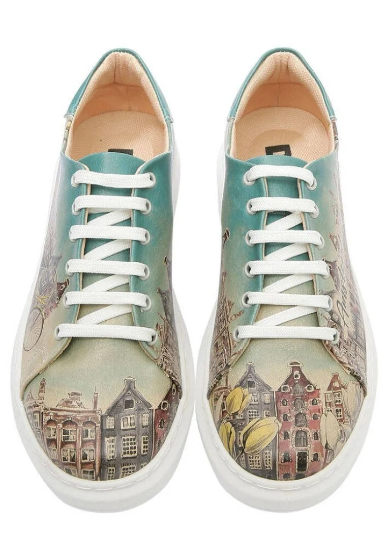 Femme Cuir Vegan Turquoise Baskets - Amsterdam Vibes Motif