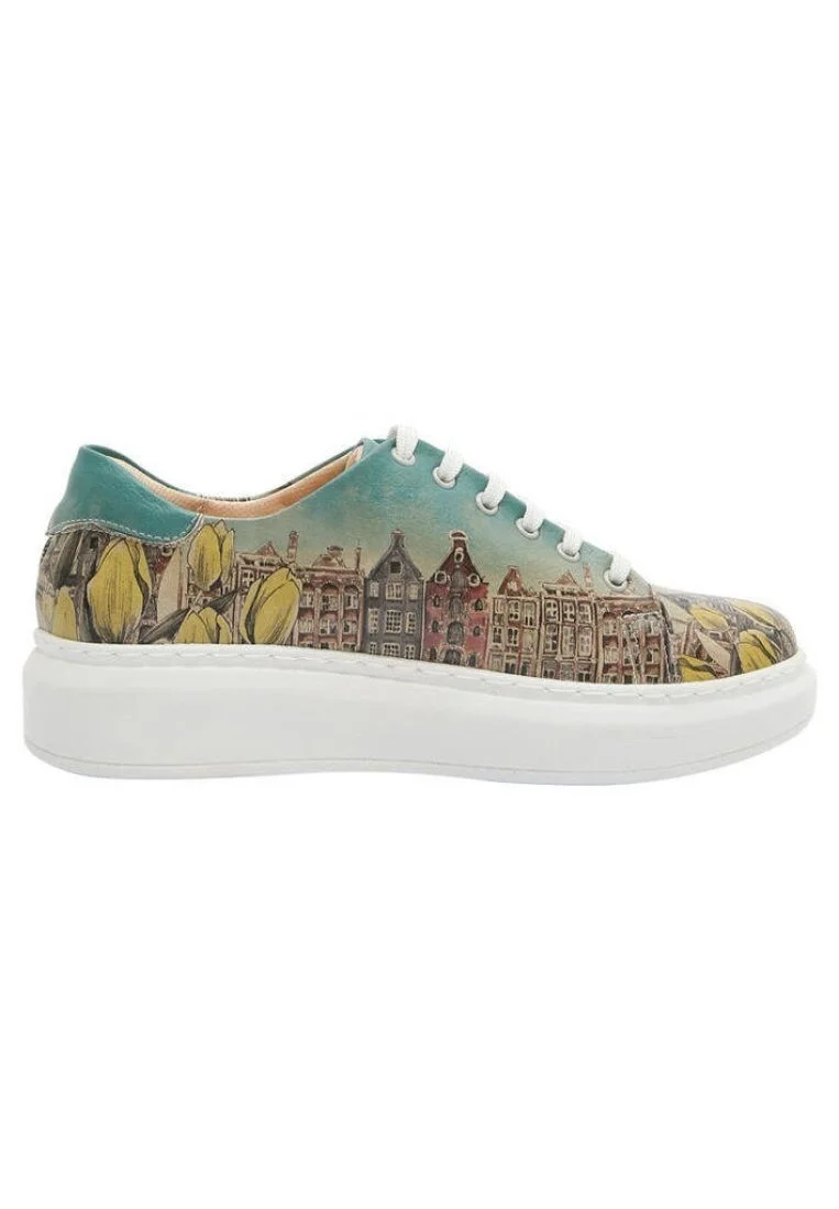 Femme Cuir Vegan Turquoise Baskets - Amsterdam Vibes Motif