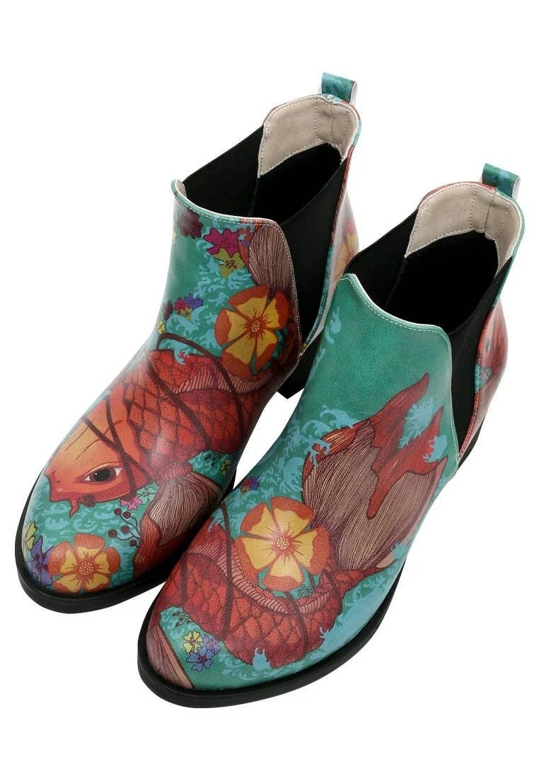 Femme Cuir Vegan Turquoise Booties - Waves of Koi Motif