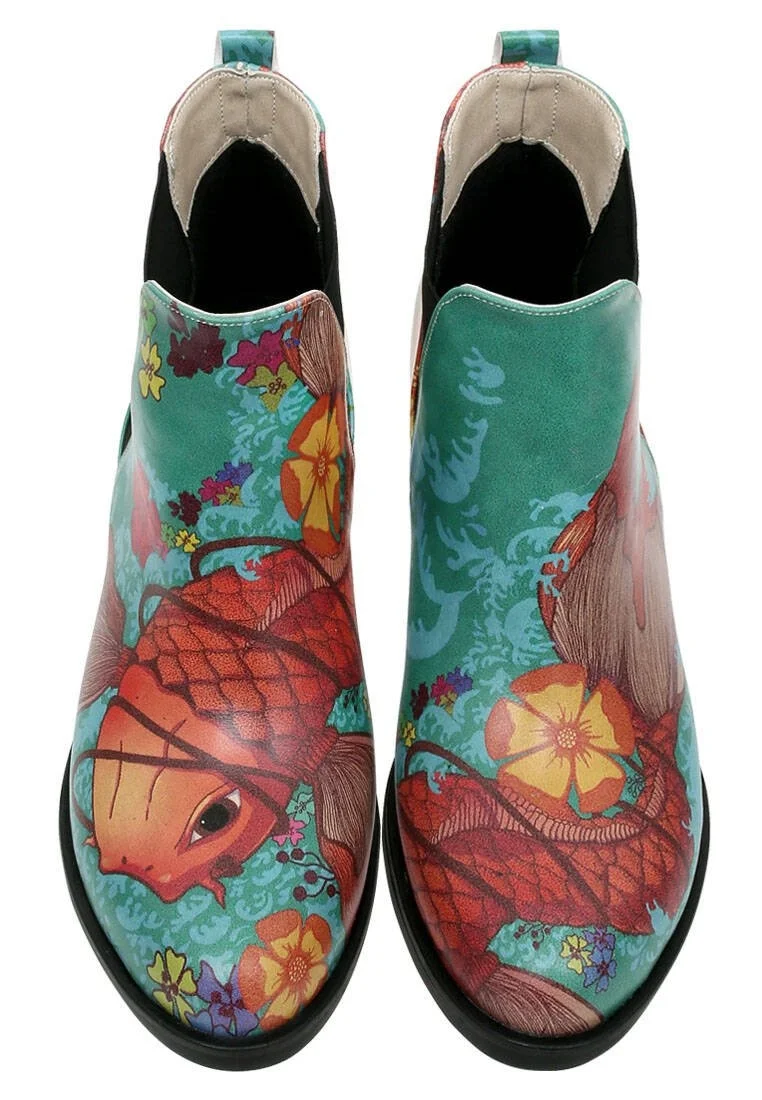 Femme Cuir Vegan Turquoise Booties - Waves of Koi Motif