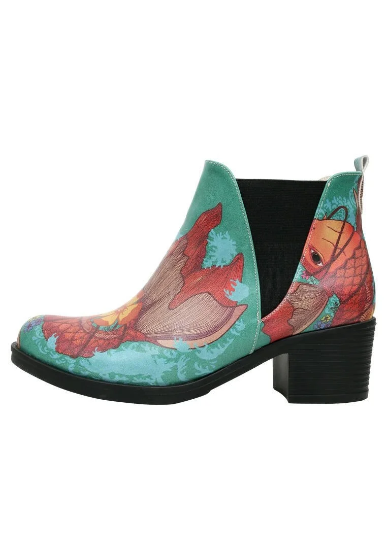 Femme Cuir Vegan Turquoise Booties - Waves of Koi Motif