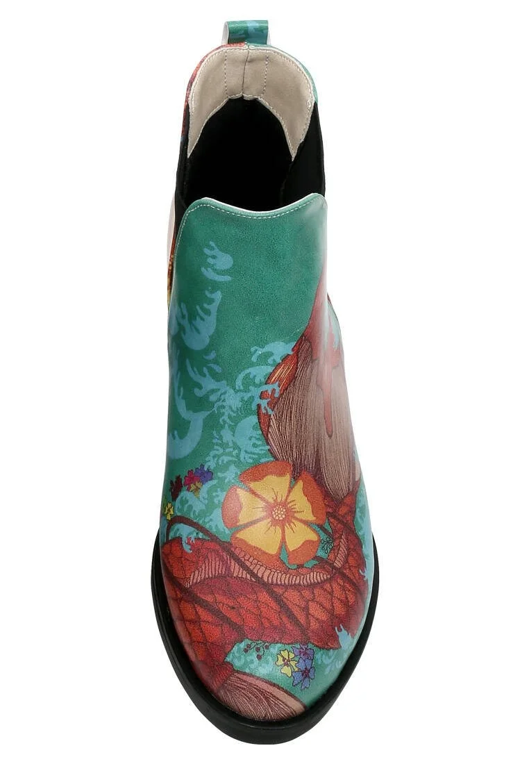 Femme Cuir Vegan Turquoise Booties - Waves of Koi Motif