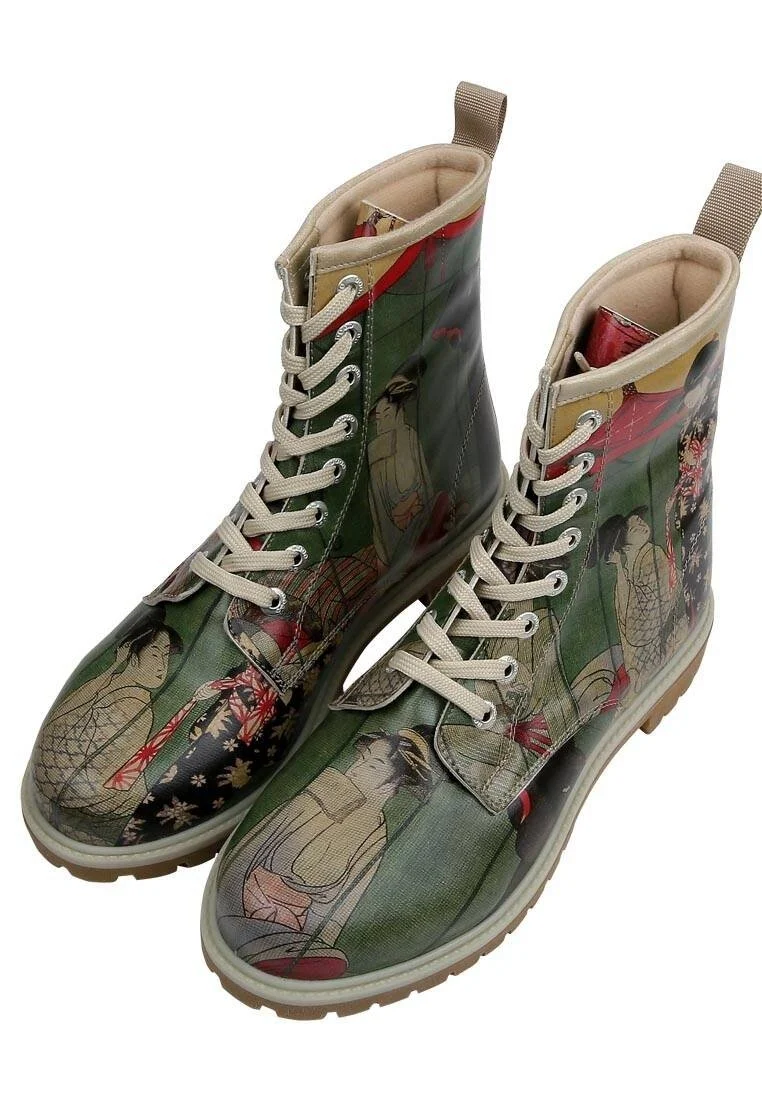 Femme Cuir Vegan Vert Bottes Longues - Mornings in Tokyo Motif