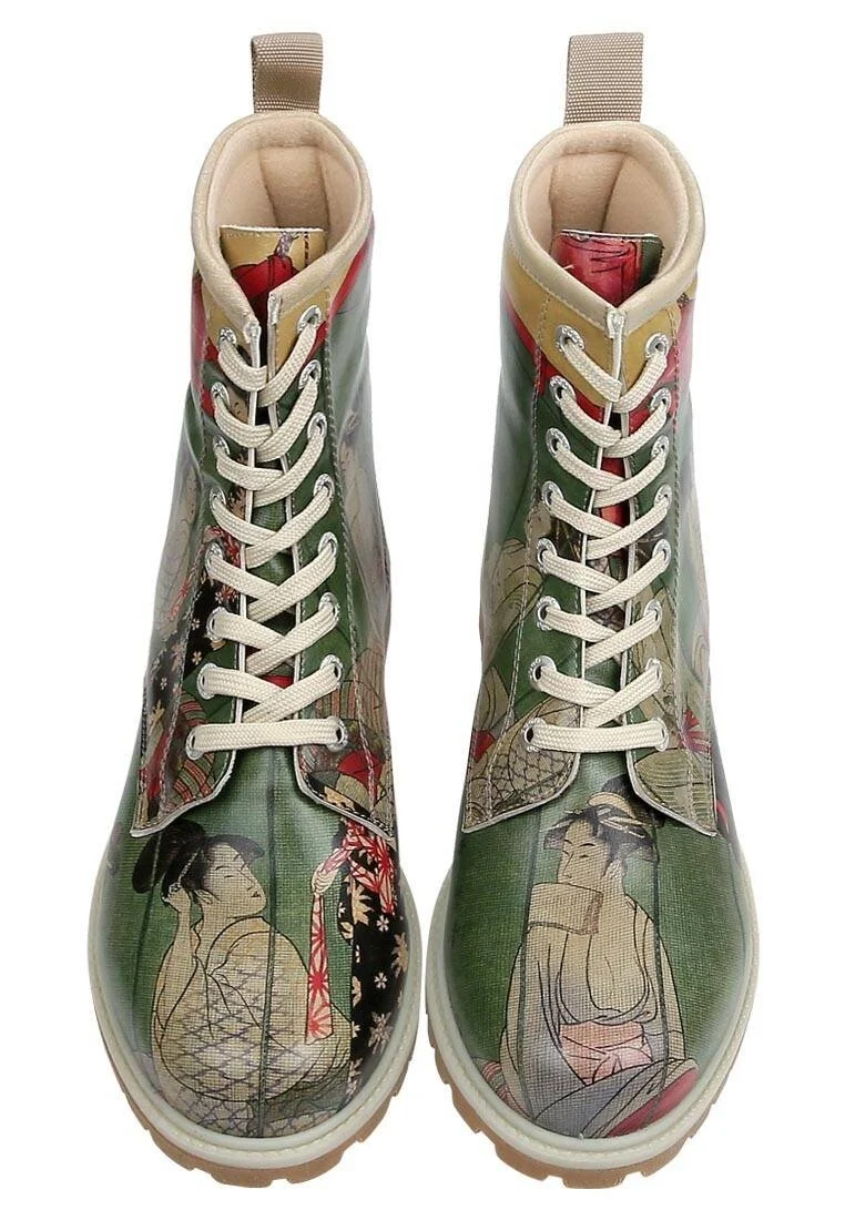 Femme Cuir Vegan Vert Bottes Longues - Mornings in Tokyo Motif