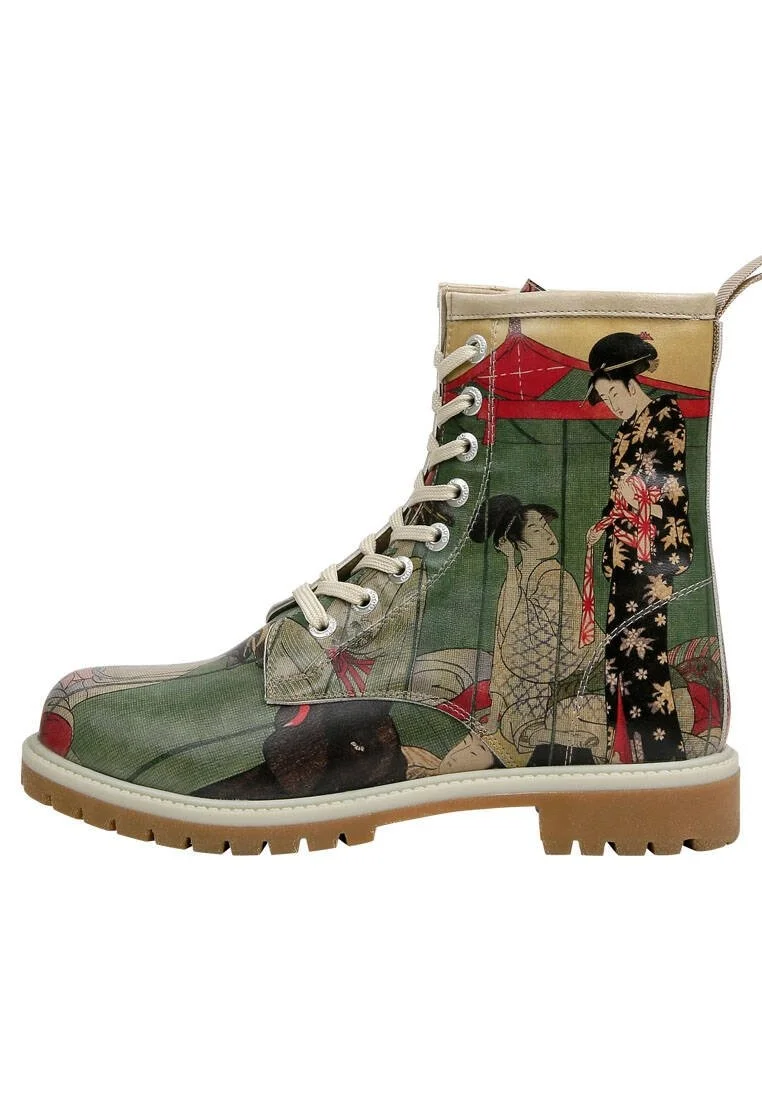 Femme Cuir Vegan Vert Bottes Longues - Mornings in Tokyo Motif