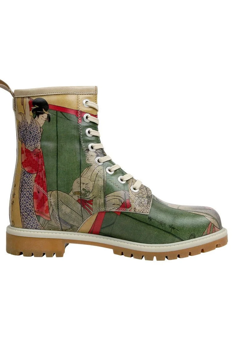 Femme Cuir Vegan Vert Bottes Longues - Mornings in Tokyo Motif