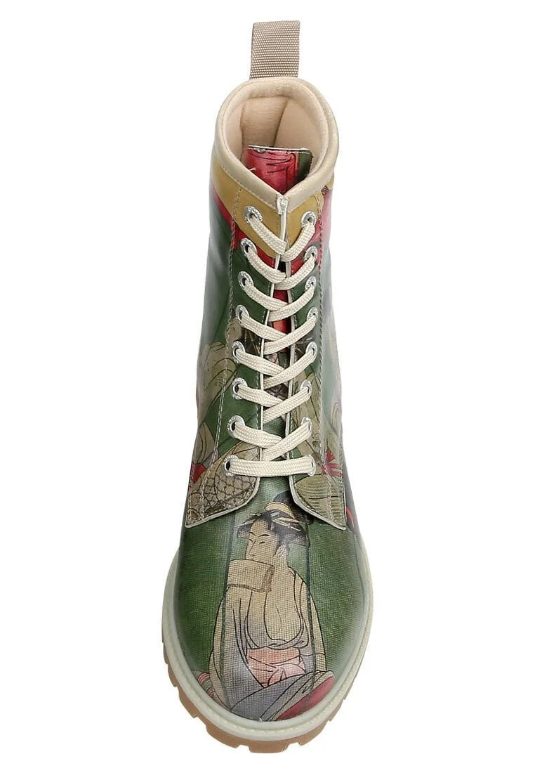 Femme Cuir Vegan Vert Bottes Longues - Mornings in Tokyo Motif