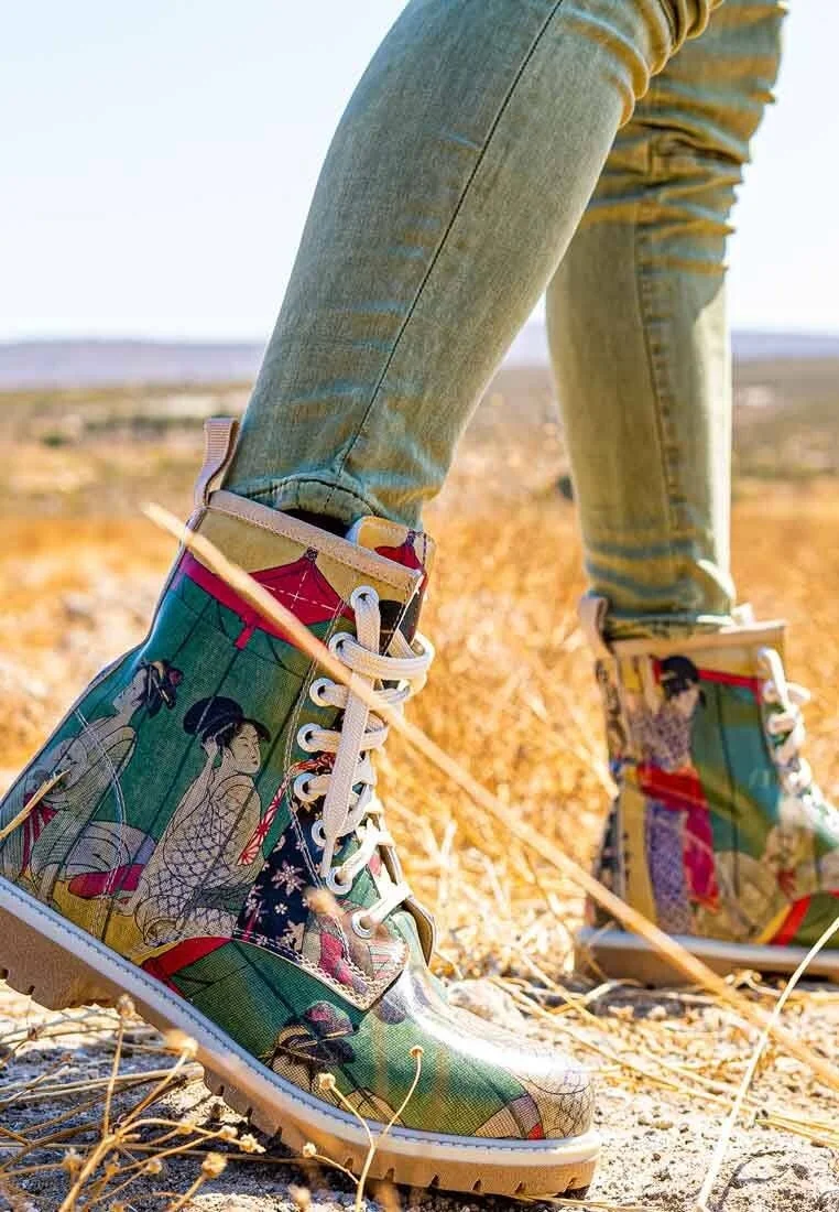 Femme Cuir Vegan Vert Bottes Longues - Mornings in Tokyo Motif